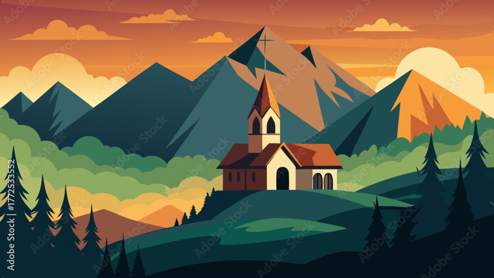 Naklejka premium Church in the mountains at sunset time