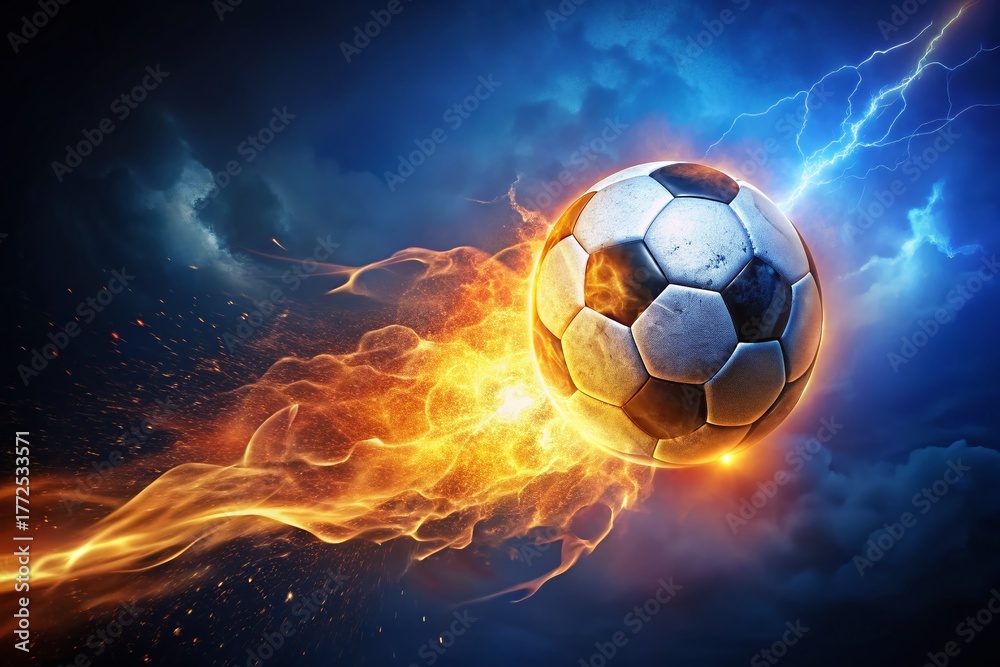 Fototapeta premium Fiery Comet Soccer Ball: Night Sky Sports Photography