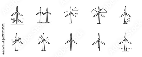 Wind Turbines Minimalist Icon Set in Line Style