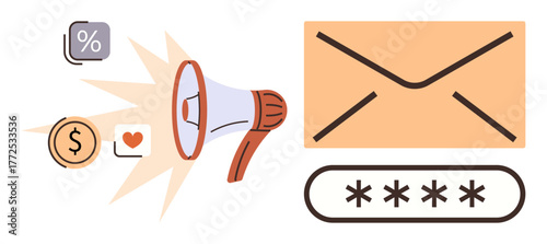 Megaphone emitting symbols of percentage, coin, and heart next to email icon and password box. Ideal for marketing, advertising, email campaigns, communication, promotions, e-commerce customer