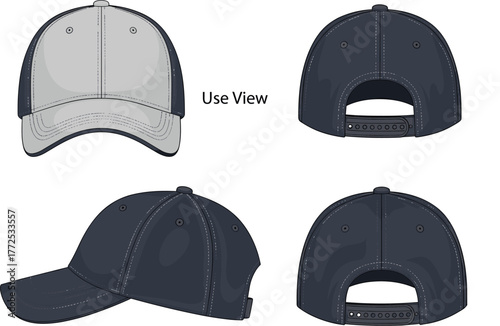Multi-Angle Baseball Cap Design Featuring Front, Rear, Side, and Angled Views with Stitching, Strap, and Color Contrast Detail