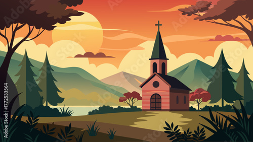 Church in the mountains at sunset time