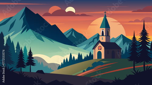 Church in the mountains at sunset time