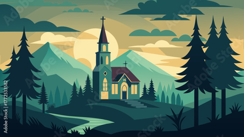 Church in the mountains vector illustration
