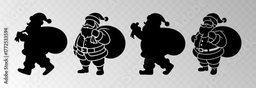 Santa Claus png with a big gift sack walking in snowy forest surrounded by Christmas trees, isolated on transparent background, space for holiday sale text, luxury New Year card vector