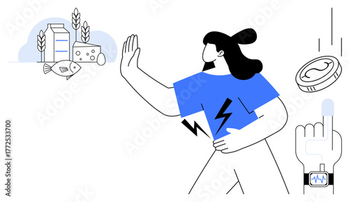 Woman gesturing stop toward milk, cheese, fish, and grains. Digital hand with health monitor device tracks glucose. Ideal for health, nutrition, allergy, diet wellness prevention simple flat