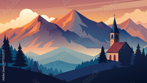 Illustration of a church in mountains