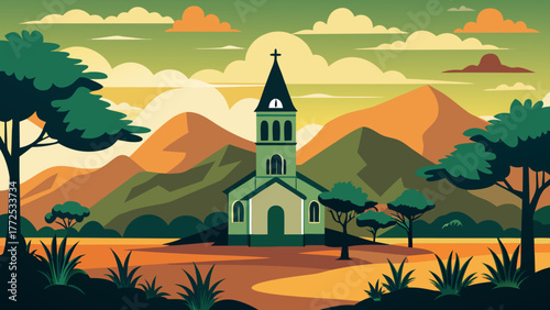 Church in mountain landscape at daytime