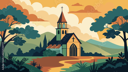 Church in nature landscape illustration