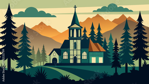 Church in nature landscape illustration