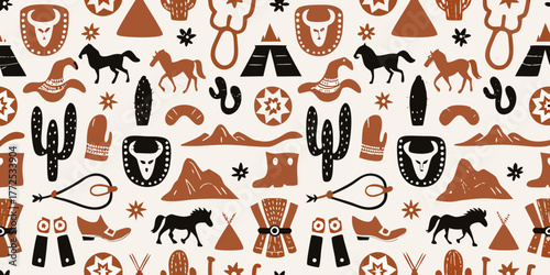 Whimsical western pattern featuring horses cacti mountains and cowboy boots in earth tones
