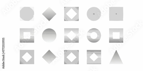 Collection of geometric shapes with gradient silver texture and brush stroke edges on white background