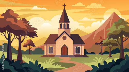 Church building in a scenic landscape