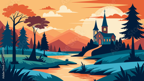 Church in the riverside landscape scene