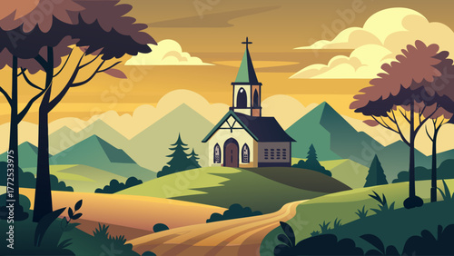 Church on a hill in summer illustration