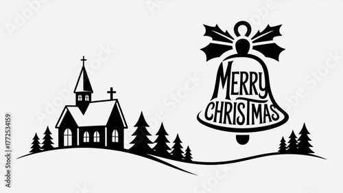 Black and white silhouette of a snowy church and pine trees with a merry christmas bell design on a white background