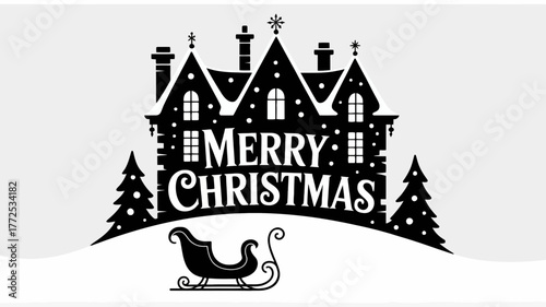 Vintage silhouette of a festive victorian house with merry christmas text and a sleigh in the snow
