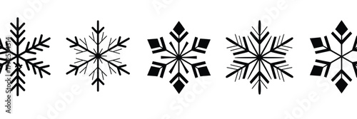 Diverse set of five scalable vector snowflake illustrations in black and white vector