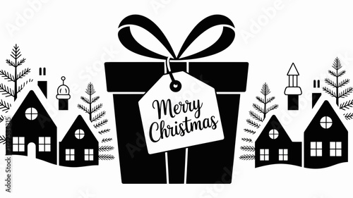 Whimsical black and white silhouette of a giant merry christmas gift box in a snowy village scene