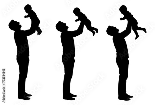 Set of silhouettes of a father holding and lifting his baby