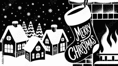 Cozy winter village scene with snow covered houses and christmas stocking hanging by a warm fireplace