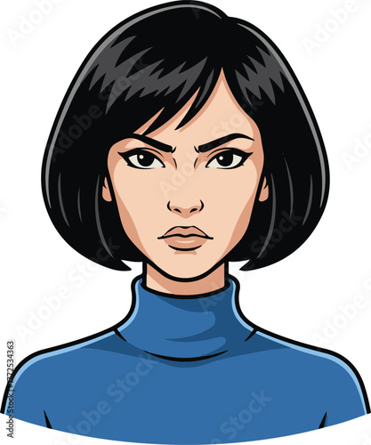 A determined woman with a dark bob haircut and a serious expression, wearing a blue turtleneck, in a vector illustration style.
