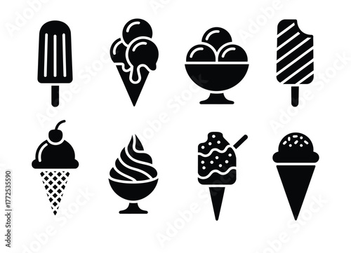 Set of eight black and white ice cream silhouettes vector illustration collection vector