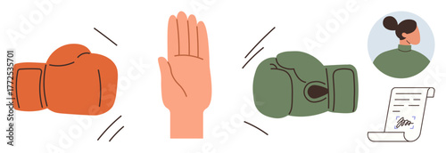 Boxing gloves and open hand symbolizing violence versus peace legal agreement and person portrait evoke resolution, justice. Ideal for mediation, nonviolence, justice, law, conflict resolution