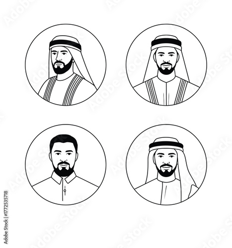 Scalable vector line art illustration of four diverse arab men portraits in circles vector