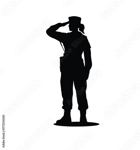 Vector silhouette illustration of a female soldier saluting in uniform scalable eps graphic vector