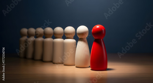 One red wooden figure stands out from a line of identical figures symbolizing leadership and individuality