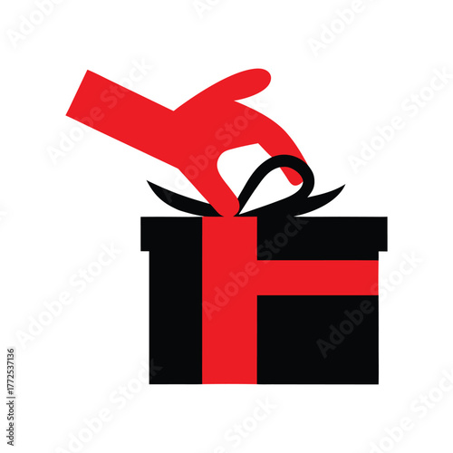 Hand placing red ribbon on black wrapped gift present flat design celebration surprise vector christmas