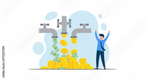 Illustration of a man celebrating wealth and financial success with money flowing from taps.