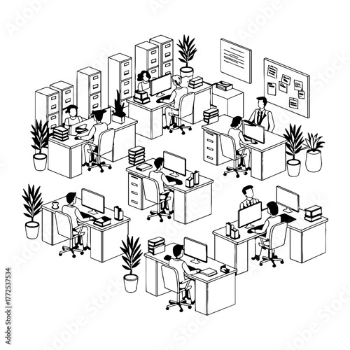 Office workers are working at desks indoors. Vector image, line art