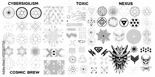 Collection of abstract geometric shapes and symbols in black and white organized into categories