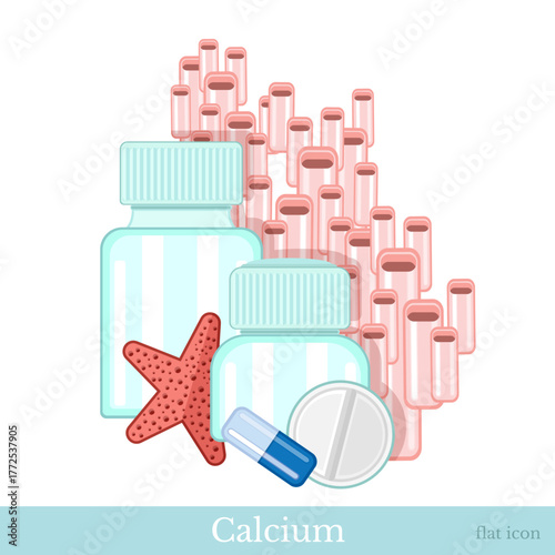 Flat vector illustration of dietary supplements with coral and sea star. Marine vitamins, omega and collagen concept for health and wellness