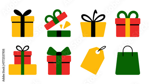 Collection of colorful gift boxes with ribbons and a shopping bag and tag perfect for celebrations and promotions