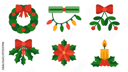 Collection of festive christmas ornaments including a wreath garland mistletoe poinsettia and candle