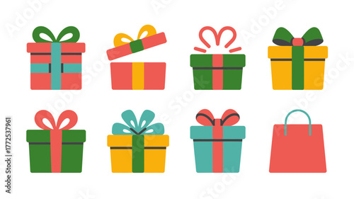 Collection of colorful gift boxes and a shopping bag with ribbons and bows perfect for celebrations and promotions