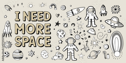 I need more space hand drawn doodle art with astronauts rockets planets and stars