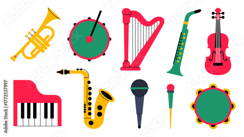 Collection of colorful cartoon musical instruments including a piano saxophone trumpet violin harp and percussion for music education or entertainment themes
