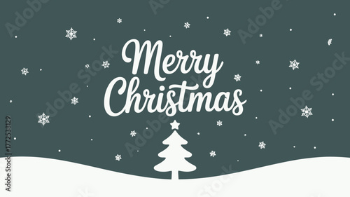 Festive merry christmas greeting with a simple white christmas tree and falling snowflakes on a dark background