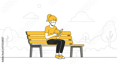 Young woman wearing mask enjoys tranquil park bench reading a book amidst stylized nature and soft clouds