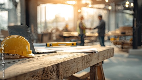 Construction Workshop With Laptop And Meeting