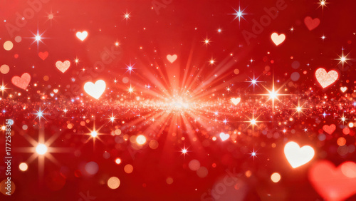 Romantic red background with hearts and sparkling lights for Valentine's Day