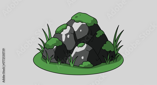 Stylized mossy rocks and lush green grass, a charming natural scene perfect for game assets or whimsical illustrations