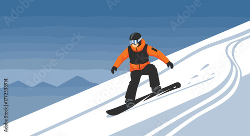 Dynamic snowboarder carving down a snowy mountain slope with crisp blue skies and distant peaks creating an adventurous winter scene