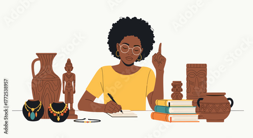 Creative woman brainstorms ideas surrounded by cultural artifacts and books, inspiring artistic inspiration and learning