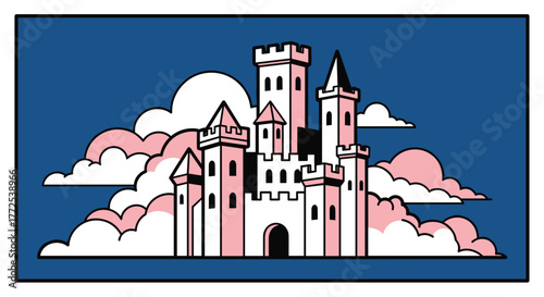 Whimsical pink and white castle emerges from soft pink clouds against a deep blue sky, perfect for fantasy stories