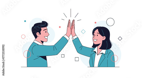 Dynamic business partners celebrating triumphant success with a high five in a modern, vibrant office setting